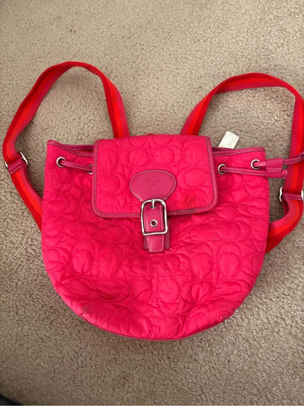 RARE Coach Quilted Hot Pink Drawstring Backpack with Contrast Straps